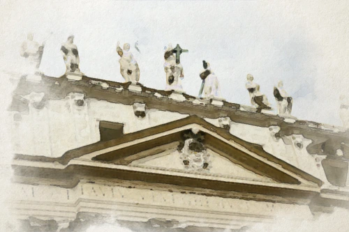 Un edificio storico con un frontone triangolare