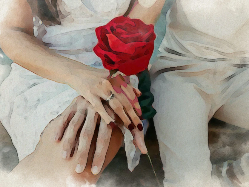 two couples hold a red rose