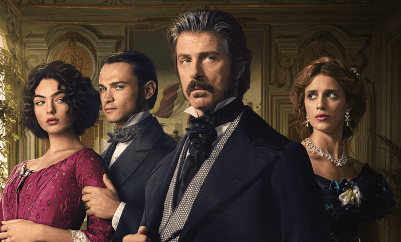 A dramatic scene featuring four characters from a historical drama, dressed in 19th-century aristocratic clothing.