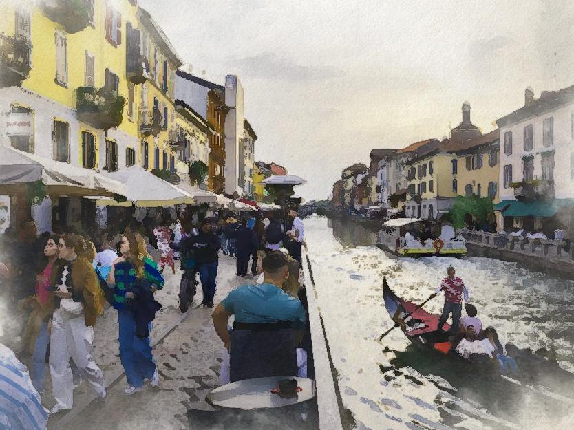 A lively canal-side scene in Milan's Navigli district, rendered in a watercolor style.