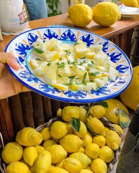 Lemon on a blue ceramic plate