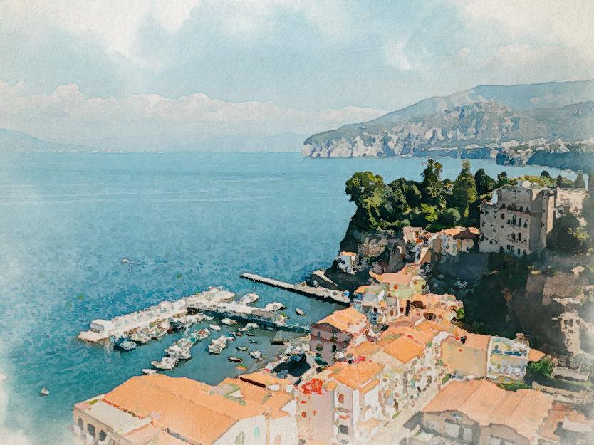 city of sorrento in watercolored
