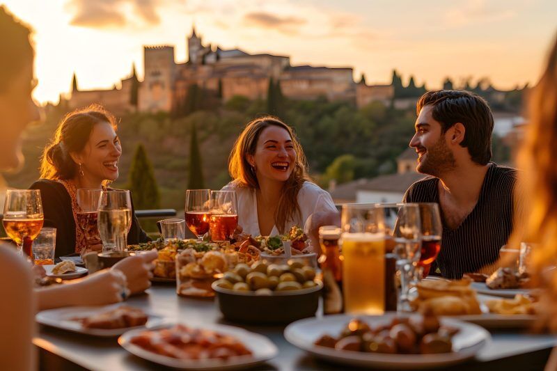 friends-enjoying-vibrant-tapas-drinks-rooftop-bar