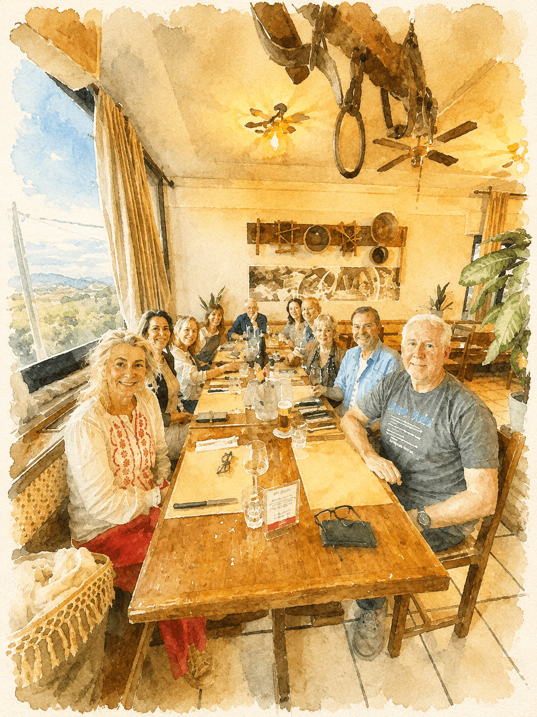 writers having aretreat in Abruzzo, sitting together for a meal