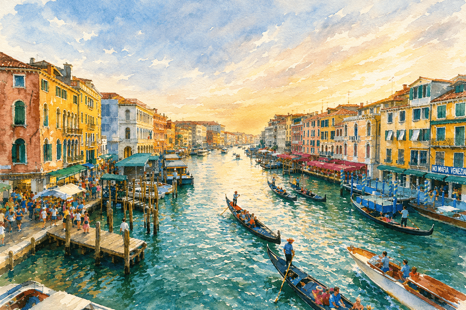 Sunset view of Venice grand canal with boats