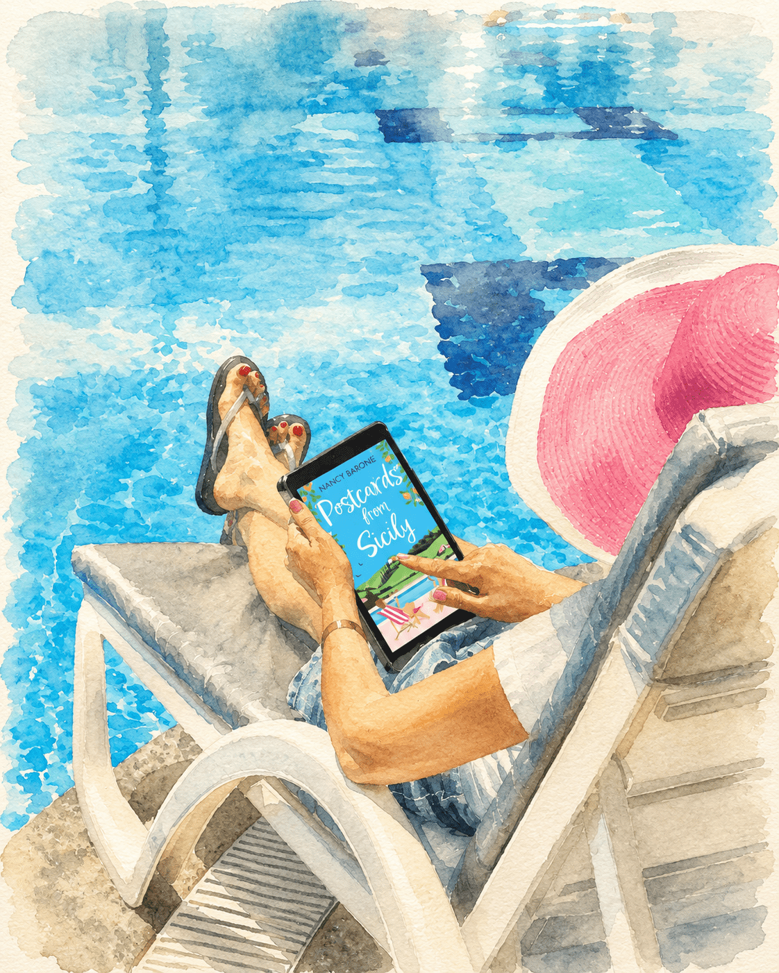 A girl sitting in the poolside reading an e-book version of Postcards from Sicily